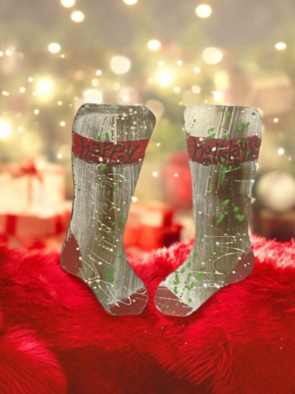 VINTAGE TIN STOCKINGS -- Rustic, Hanging, Thin Cut Tin, "Happy" & "Holidays"